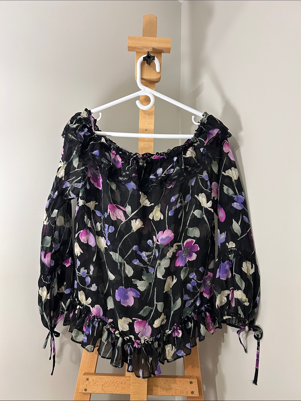 Luisa Spagnoli | 100% Silk Black Floral Print Off-Shoulder Blouse | Size L